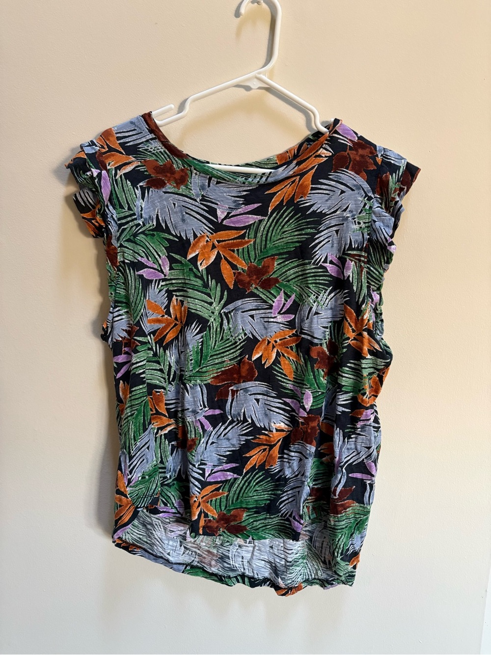Democracy Tropical Leaf Cap Sleeve Tee - Black, Green, Orange, Purple, Brown